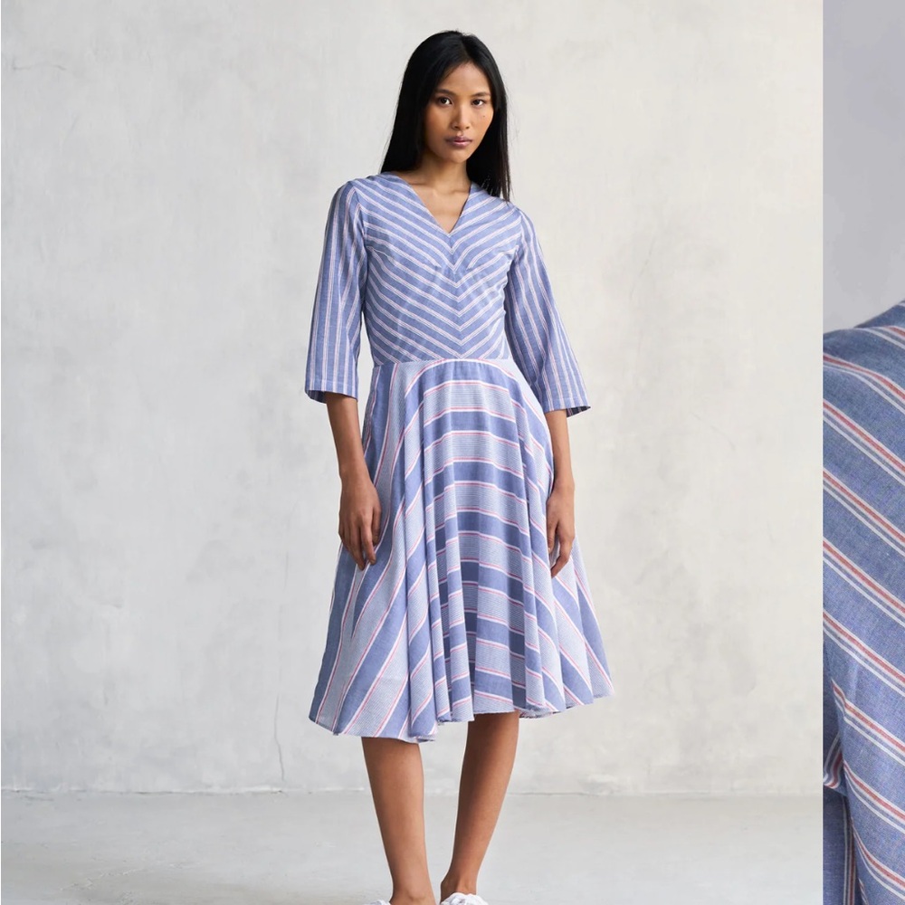 Chic Striped Midi Dress in Blue and Pink